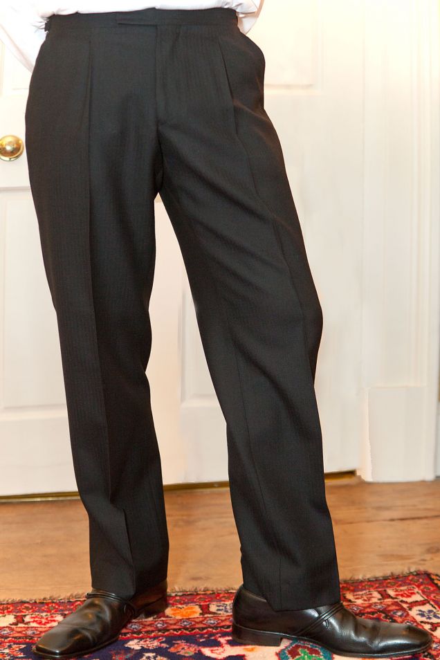 Dobell Black Herringbone Masonic Suit with Striped Trousers  Dobell