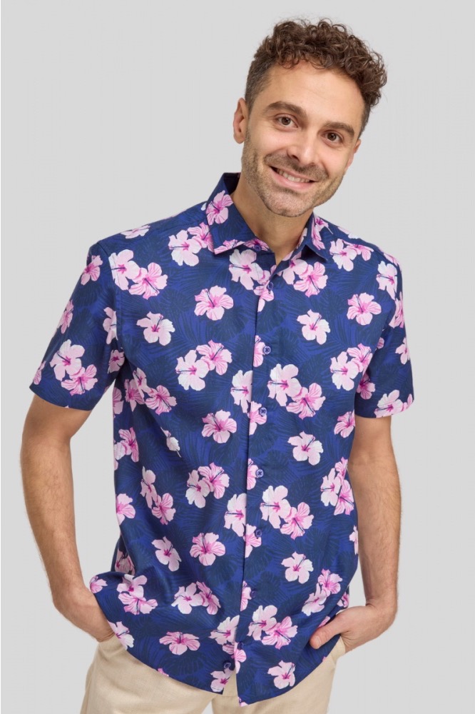 DOUBLE TWO NAVY WITH PINK FLORAL HAWAIIAN CASUAL SHORT SLEEVE SHIRT