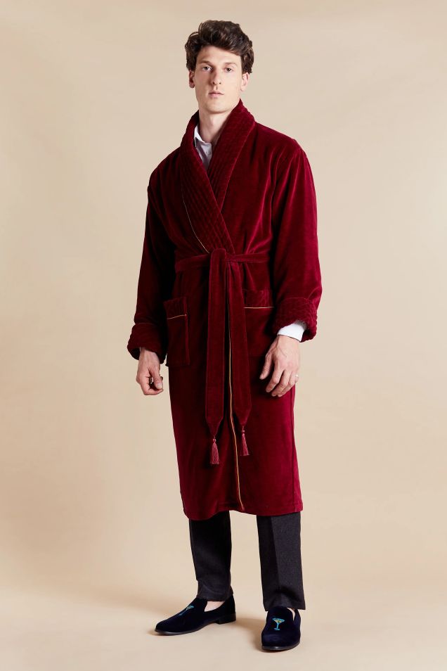 Bown of London Donington Long Velvet Smoking Jacket In Burgundy