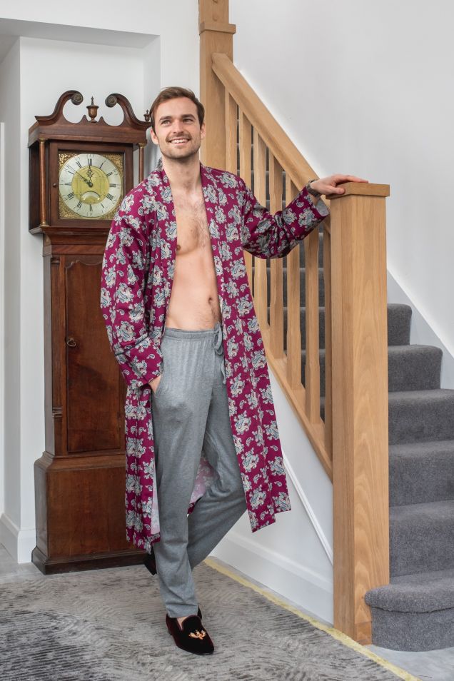 Men's Dressing Gown Bronze Gold Paisley Jacquard Navy Blue Satin Fine  Quilted With Tassels | Baturina Homewear