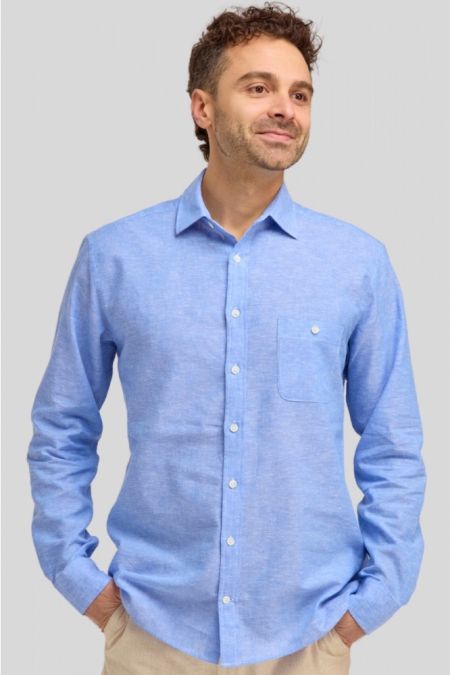 DOUBLE TWO MID BLUE LINEN BLEND LONG SLEEVE SHIRT