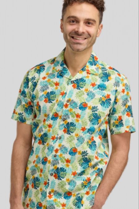 DOUBLE TWO TROPICAL PRINT OPEN NECK COLLAR CASUAL SHIRT