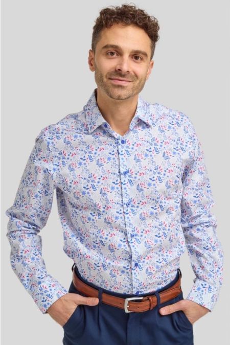 DOUBLE TWO WHITE AND BLUE PURE COTTON FLORAL PRINT FORMAL SHIRT