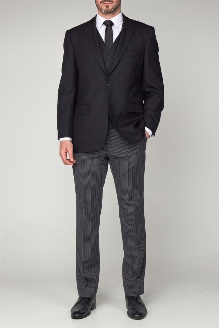 Dobell Black Herringbone Masonic Suit with Striped Trousers  Dobell